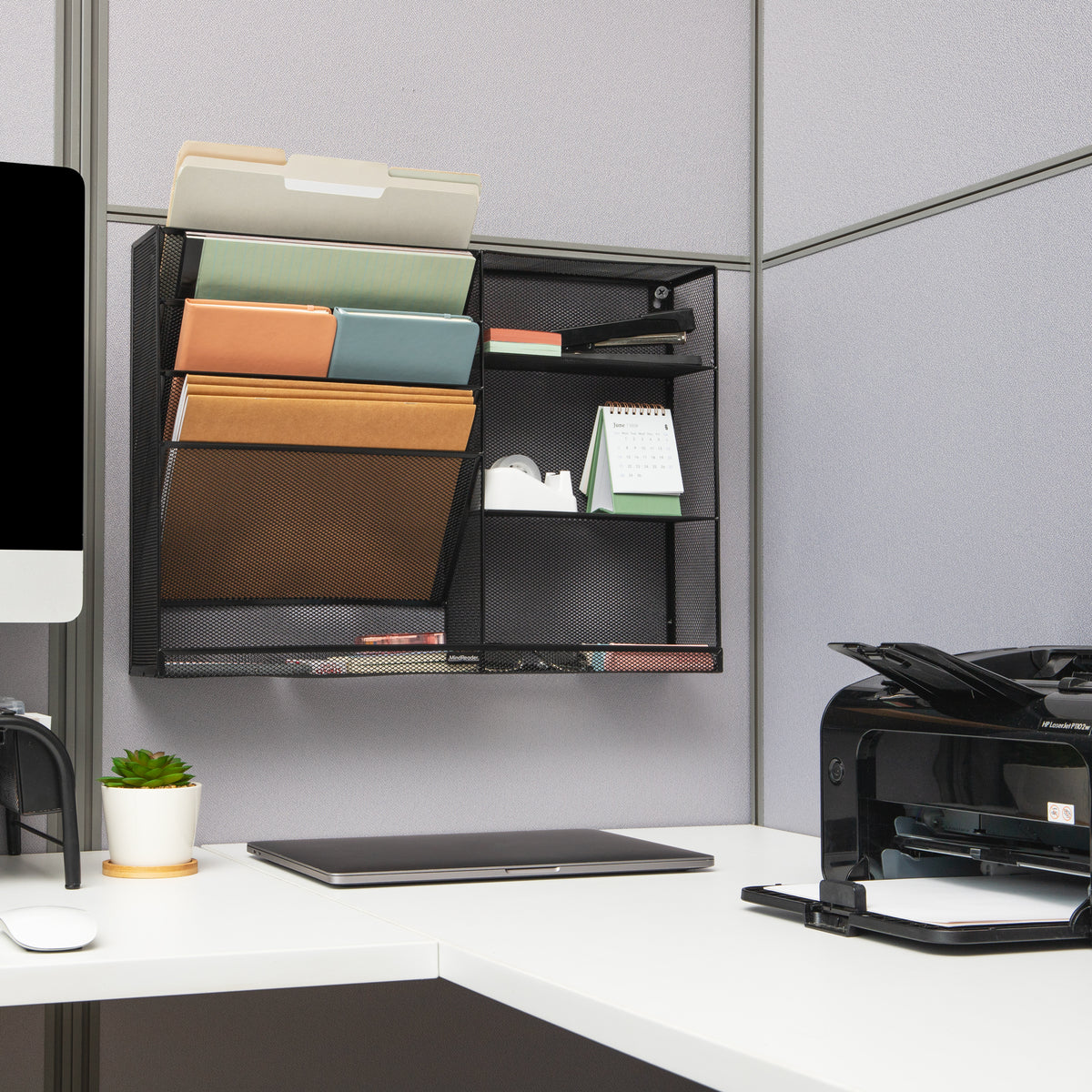 Mind Reader 4-Tier Vertical File Storage and Shelves, Desktop Organizer, Wall Mount, Office, Metal Mesh, 22.5"L x 4"W x 16"H, Black