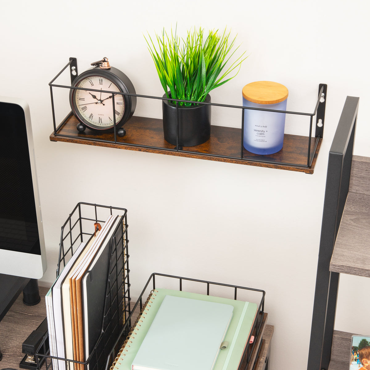 Mind Reader Desktop Shelf for Office Organization and Display, Mounting Hardware Included, Metal and Wood, Brown