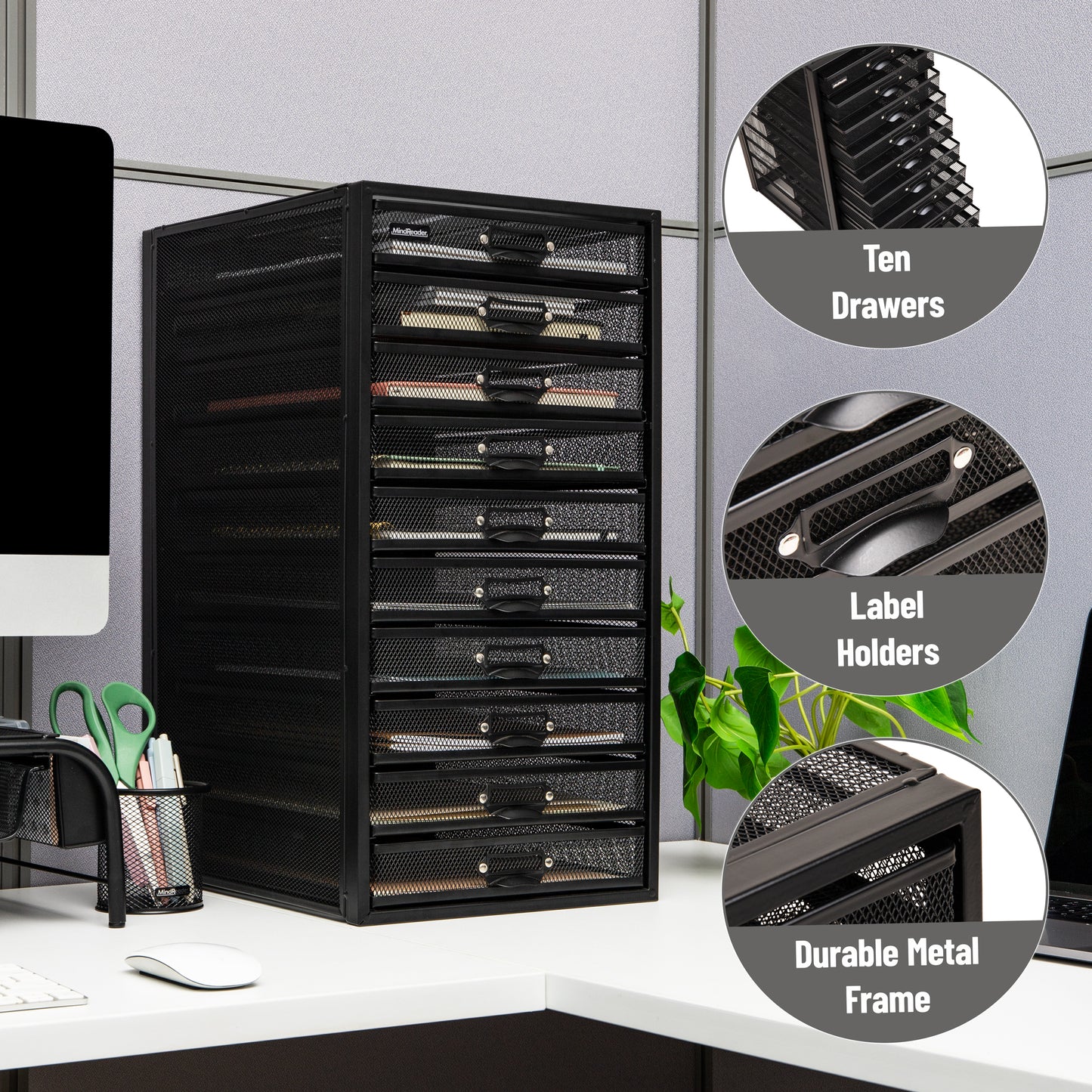 Mind Reader File Storage Drawers, Desk Organizer, Multi-Purpose, Crafts, Office, Metal Mesh, 10.75"L x 14"W x 21.25"H