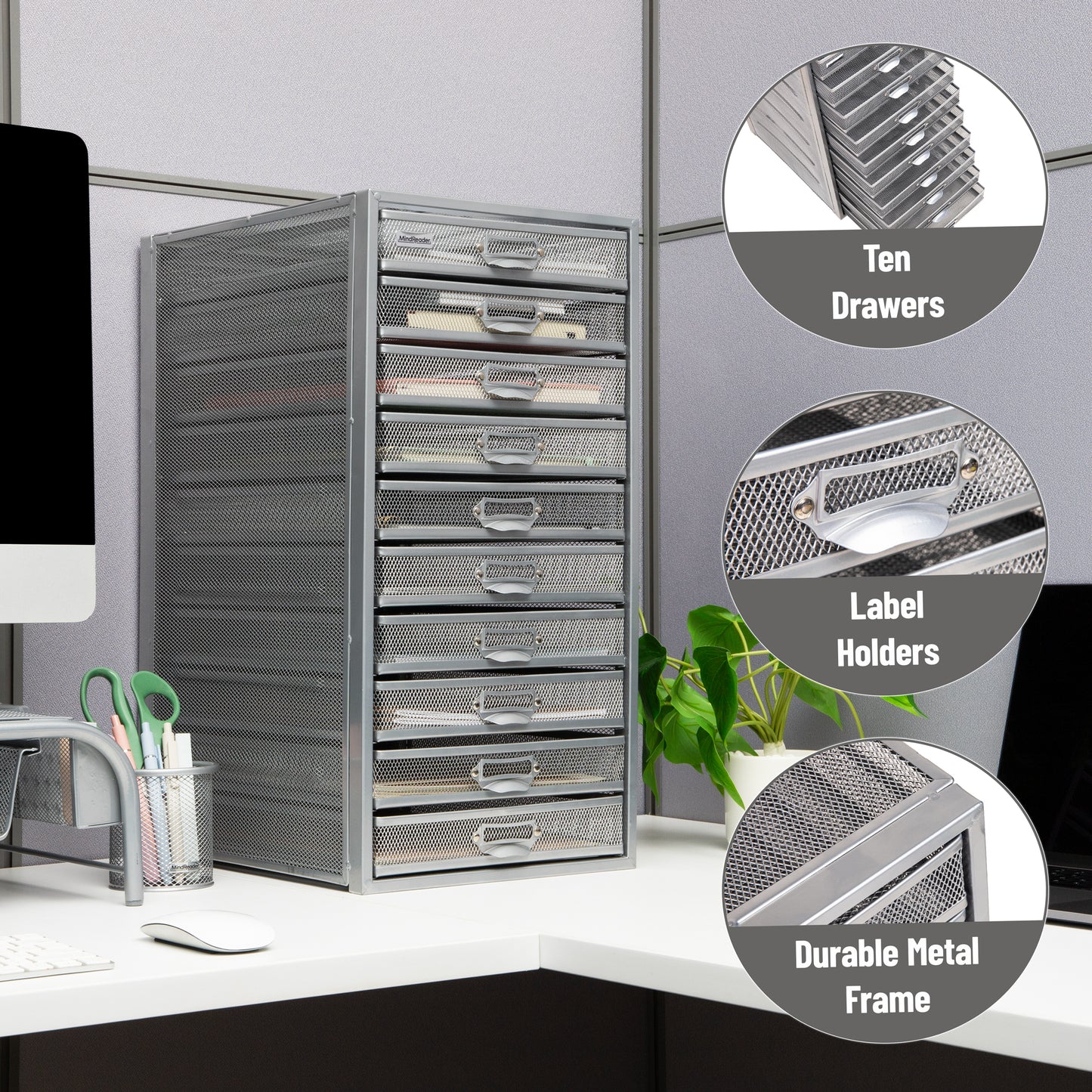 Mind Reader File Storage Drawers, Desk Organizer, Multi-Purpose, Crafts, Office, Metal Mesh, 10.75"L x 14"W x 21.25"H