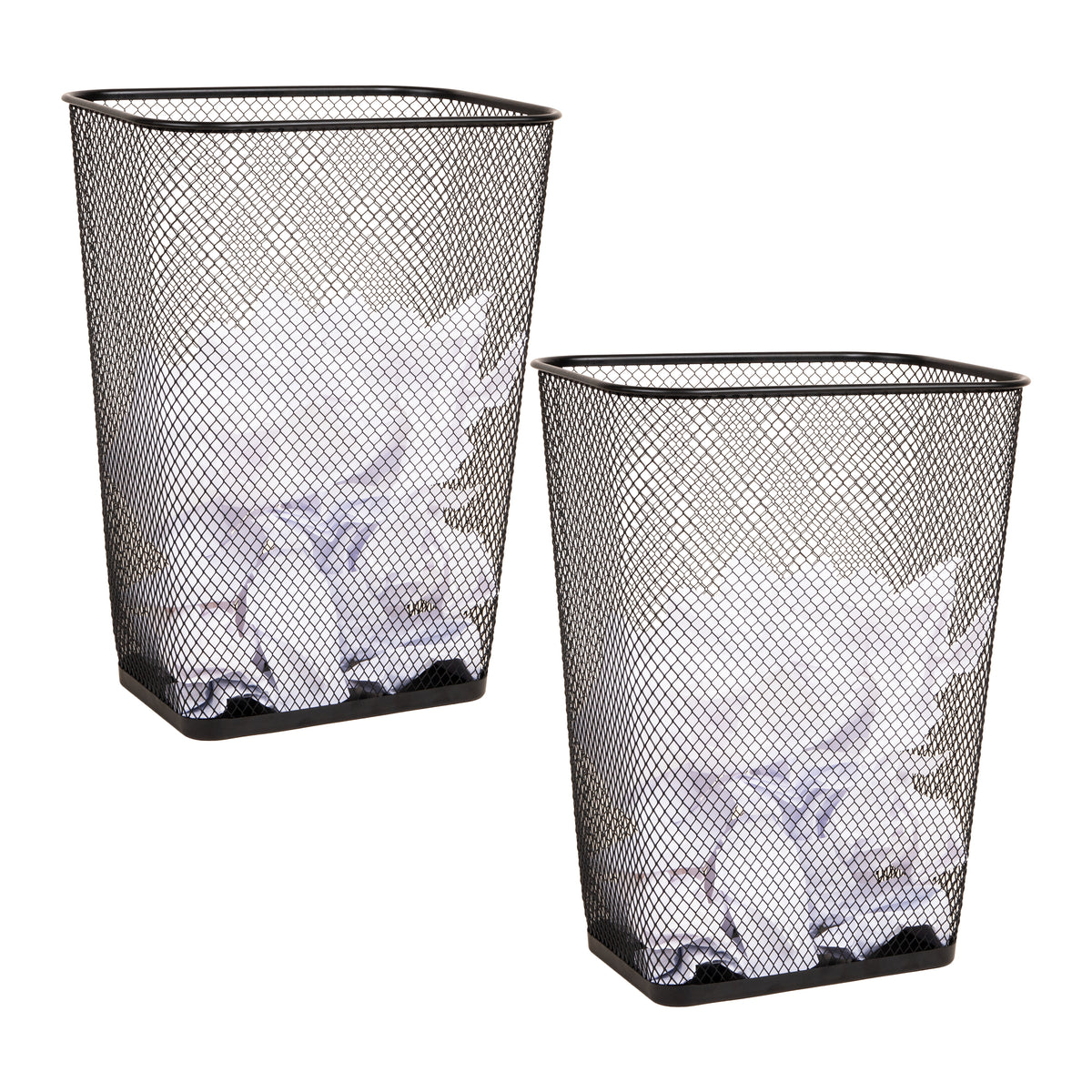 Mind Reader Metal Mesh Waste Paper Bins, Solid Bottom, Non Slip Pads, Office and Home, Set of 2, Black