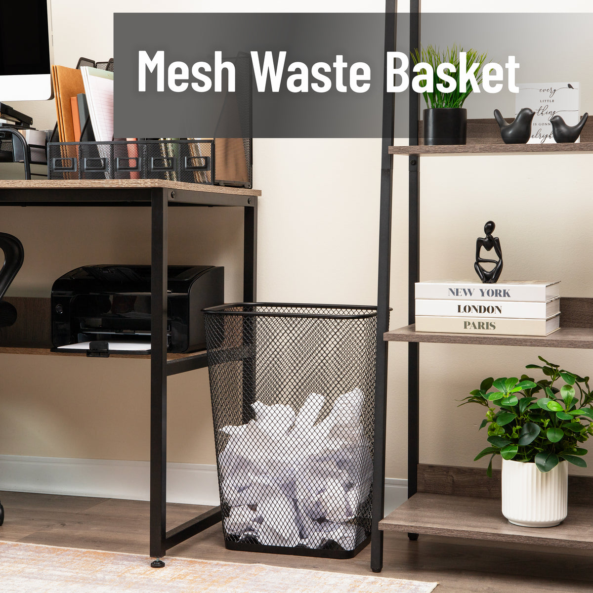 Mind Reader Metal Mesh Waste Paper Bins, Solid Bottom, Non Slip Pads, Office and Home, Set of 2, Black