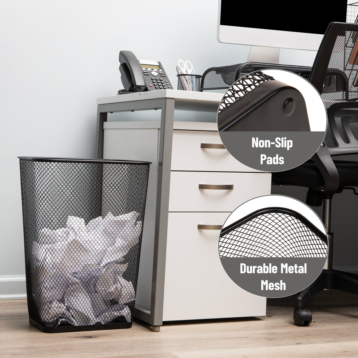 Mind Reader Metal Mesh Waste Paper Bins, Solid Bottom, Non Slip Pads, Office and Home, Set of 2, Black
