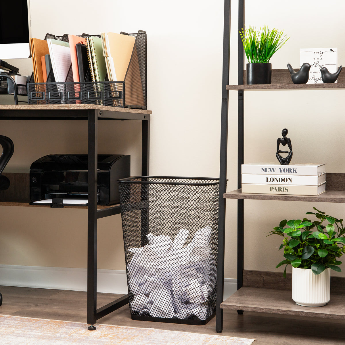 Mind Reader Metal Mesh Waste Paper Bins, Solid Bottom, Non Slip Pads, Office and Home, Set of 2, Black