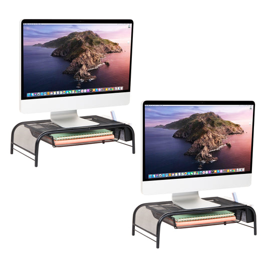 Mind Reader Monitor Stand, Ventilated Laptop Riser, Paper Tray, Office, Metal Mesh, Set of 2, Black