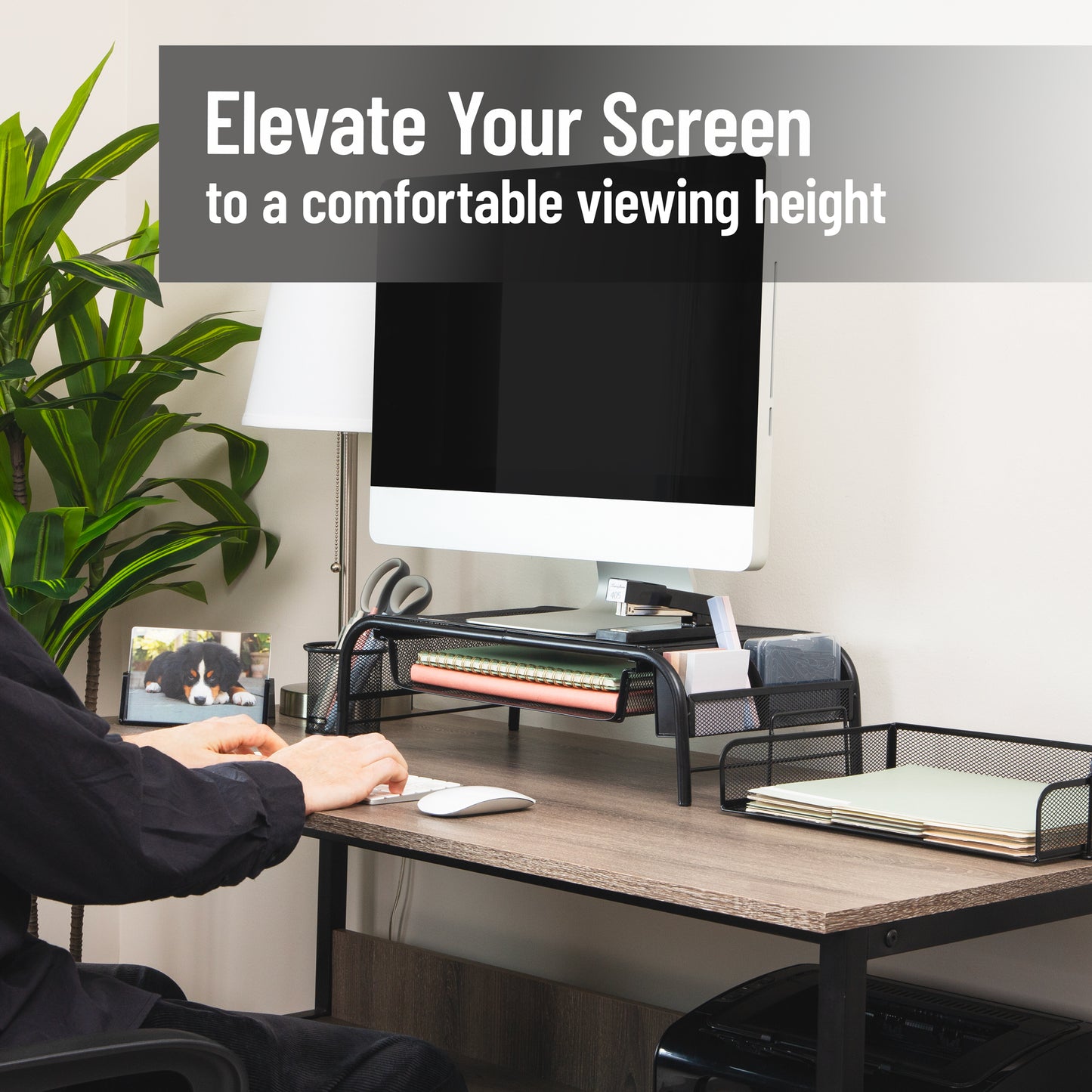 Mind Reader Monitor Stand, Ventilated Laptop Riser, Paper Tray, Office, Metal Mesh, Set of 2, Black