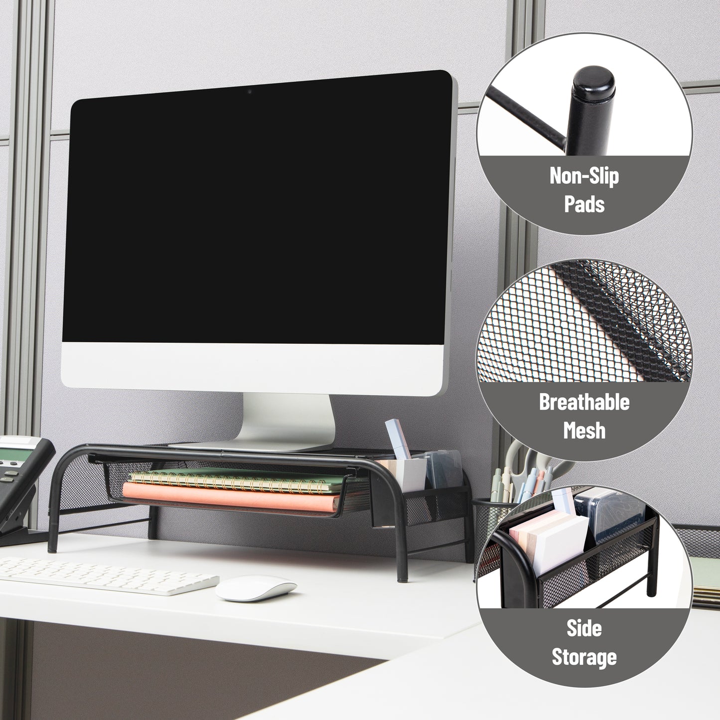 Mind Reader Monitor Stand, Ventilated Laptop Riser, Paper Tray, Office, Metal Mesh, Set of 2, Black