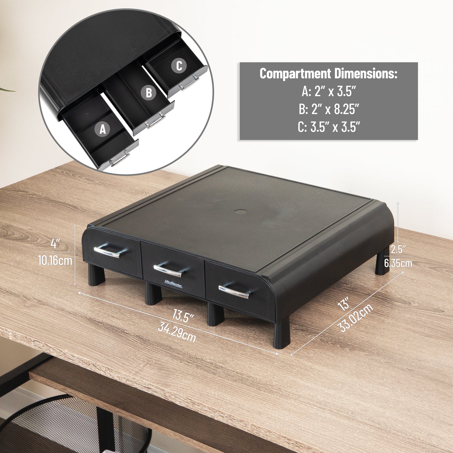 Mind Reader Monitor Stand, 3 Storage Drawers, Desktop Organizer, Riser, Office, 13.5"L x 13"W x 4"H