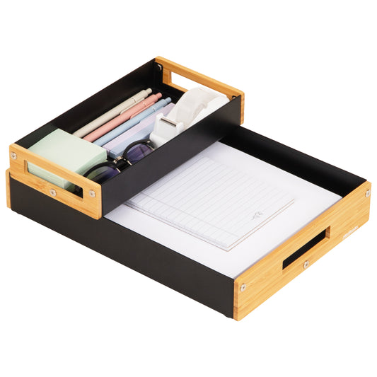 Mind Reader Metal and Wood Tiered Desktop Organizer Trays with Cutout Handles, Stackable Office Storage, Office, Entryway, Coffee Station and Home Organization, Metal and Wood, Set of 2