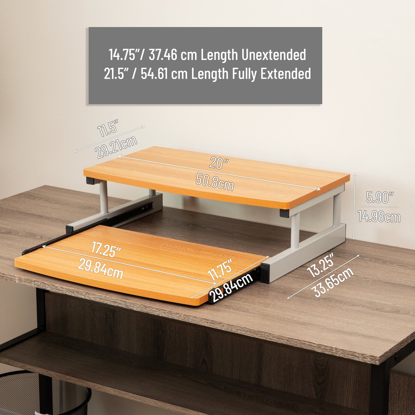 Mind Reader Monitor Stand, Sliding Keyboard Drawer, Laptop, Riser, Office, Wood,Metal, 20"L x 14.75"W x 5.9"H, Brown, Silver