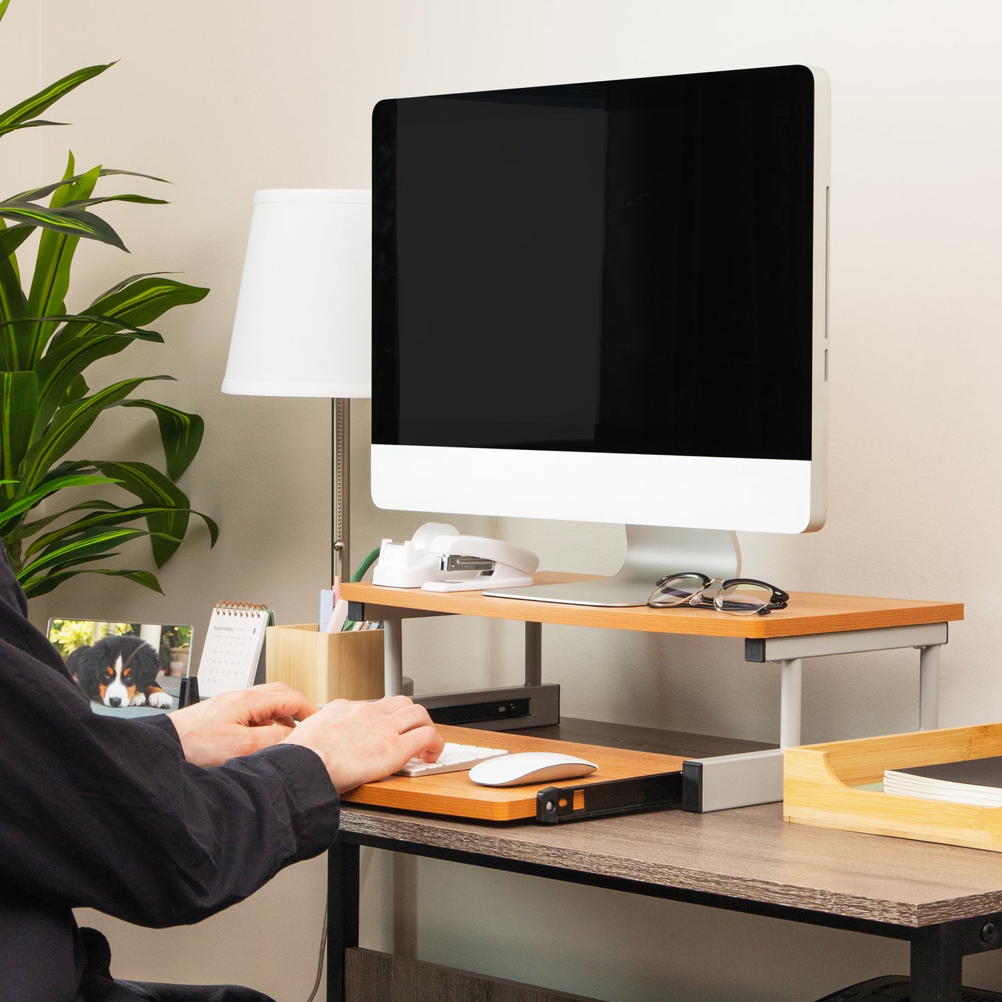 Mind Reader Monitor Stand, Sliding Keyboard Drawer, Laptop, Riser, Office, Wood,Metal, 20"L x 14.75"W x 5.9"H, Brown, Silver
