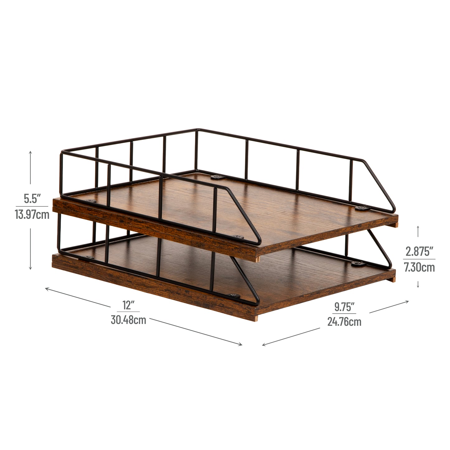 Mind Reader 2-Tier Rustic Paper Tray Organizer with Metal Frame, Wood Base for Desk or Office, Stackable, Metal and Wood, Black