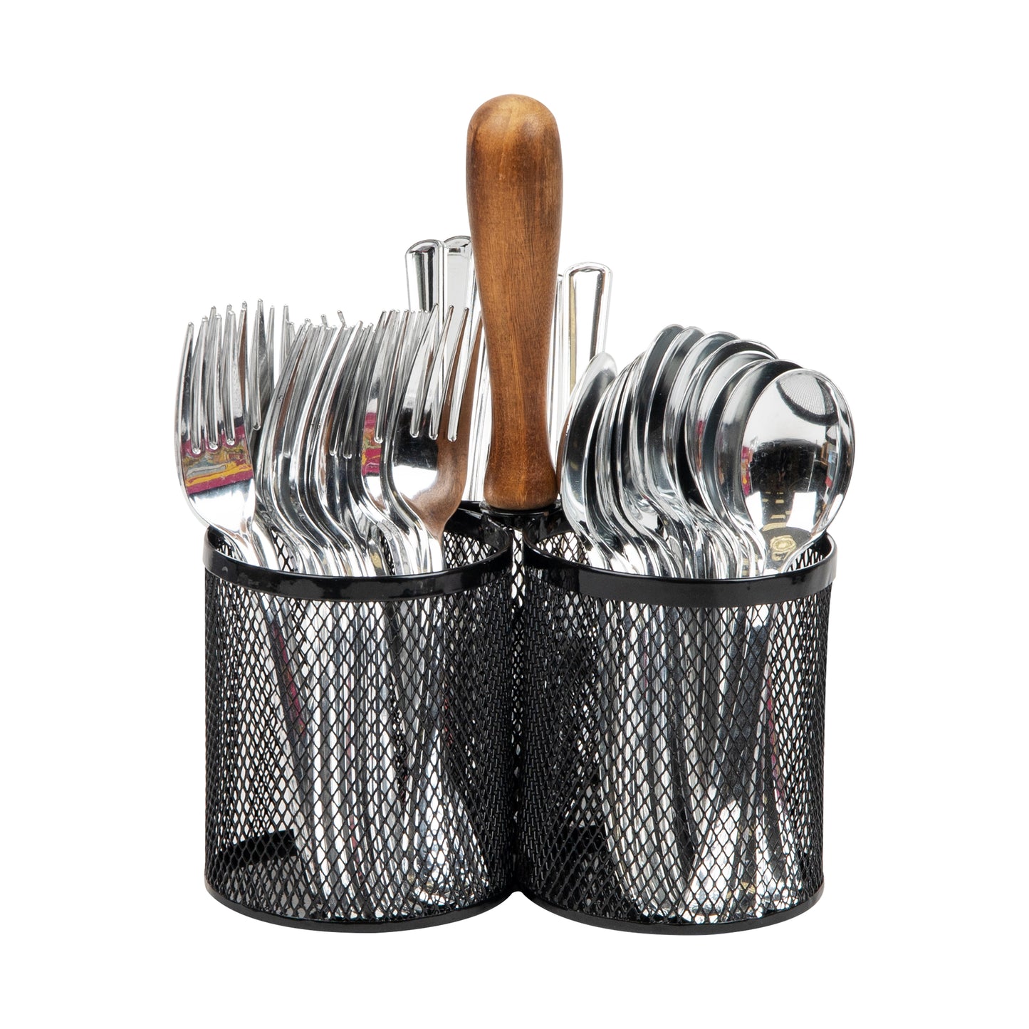 Mind Reader 3-Compartment Mesh Organizer Caddy with Wooden Handle, Multi-Purpose Desktop or Countertop Storage, Metal Mesh, Black