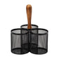 Mind Reader 3-Compartment Mesh Organizer Caddy with Wooden Handle, Multi-Purpose Desktop or Countertop Storage, Metal Mesh, Black