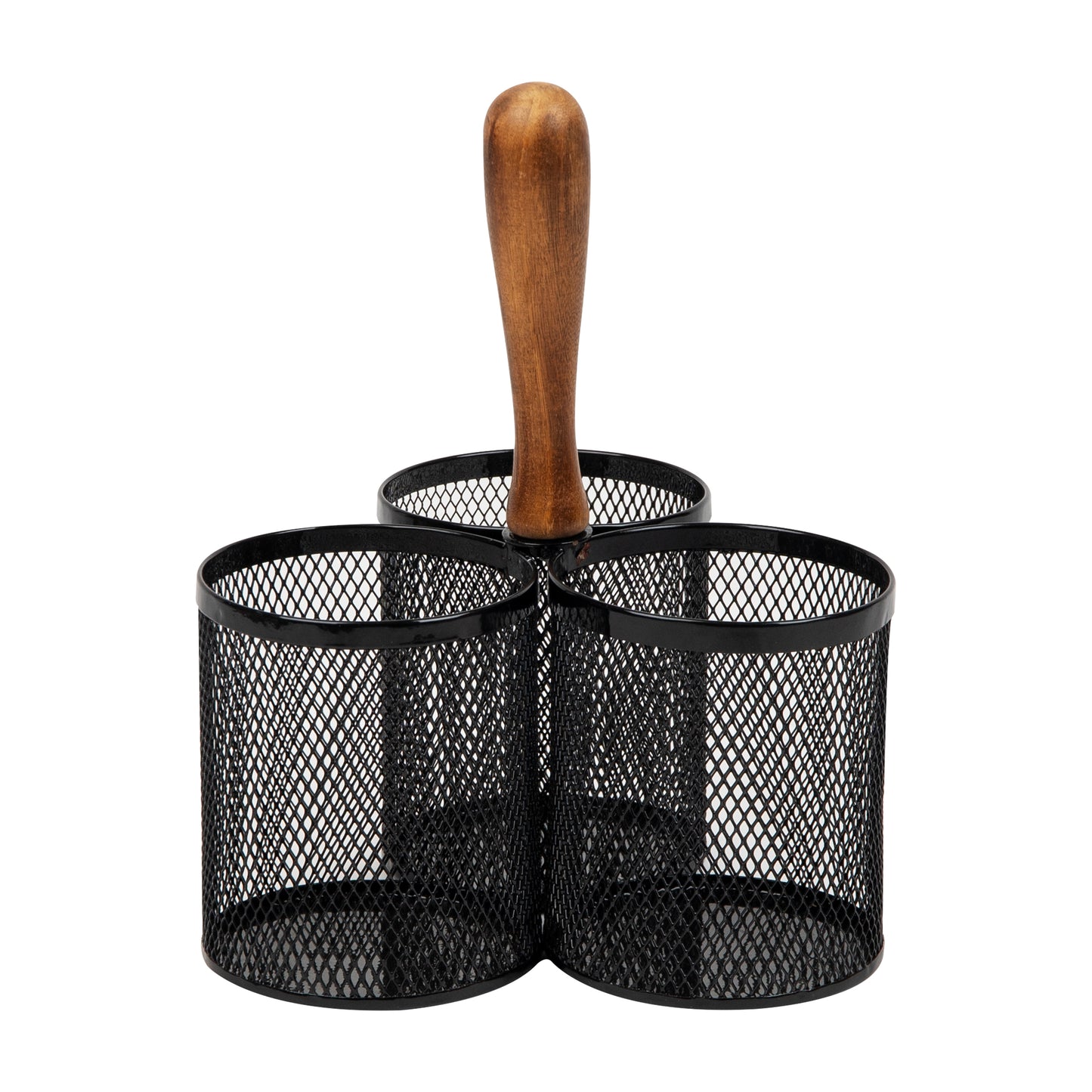 Mind Reader 3-Compartment Mesh Organizer Caddy with Wooden Handle, Multi-Purpose Desktop or Countertop Storage, Metal Mesh, Black