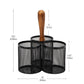 Mind Reader 3-Compartment Mesh Organizer Caddy with Wooden Handle, Multi-Purpose Desktop or Countertop Storage, Metal Mesh, Black