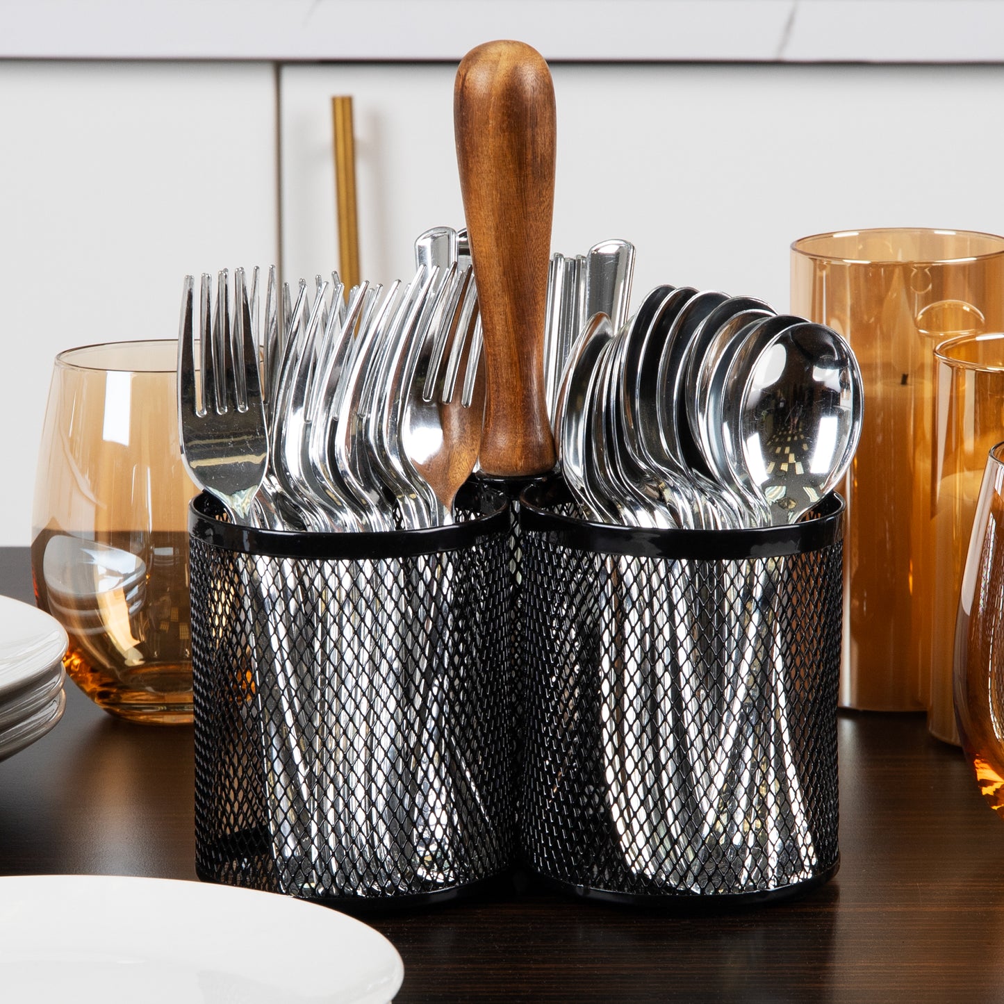 Mind Reader 3-Compartment Mesh Organizer Caddy with Wooden Handle, Multi-Purpose Desktop or Countertop Storage, Metal Mesh, Black