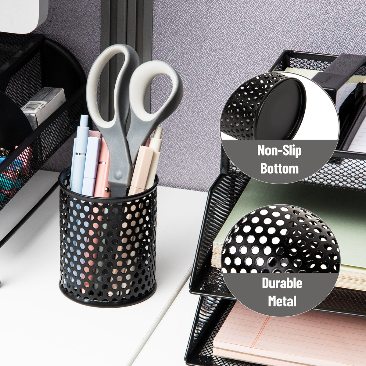 Mind Reader Metal Pen Cups, Mesh Pencil Holders, Desktop Organizer Set, Metal, Set of 3, Black
