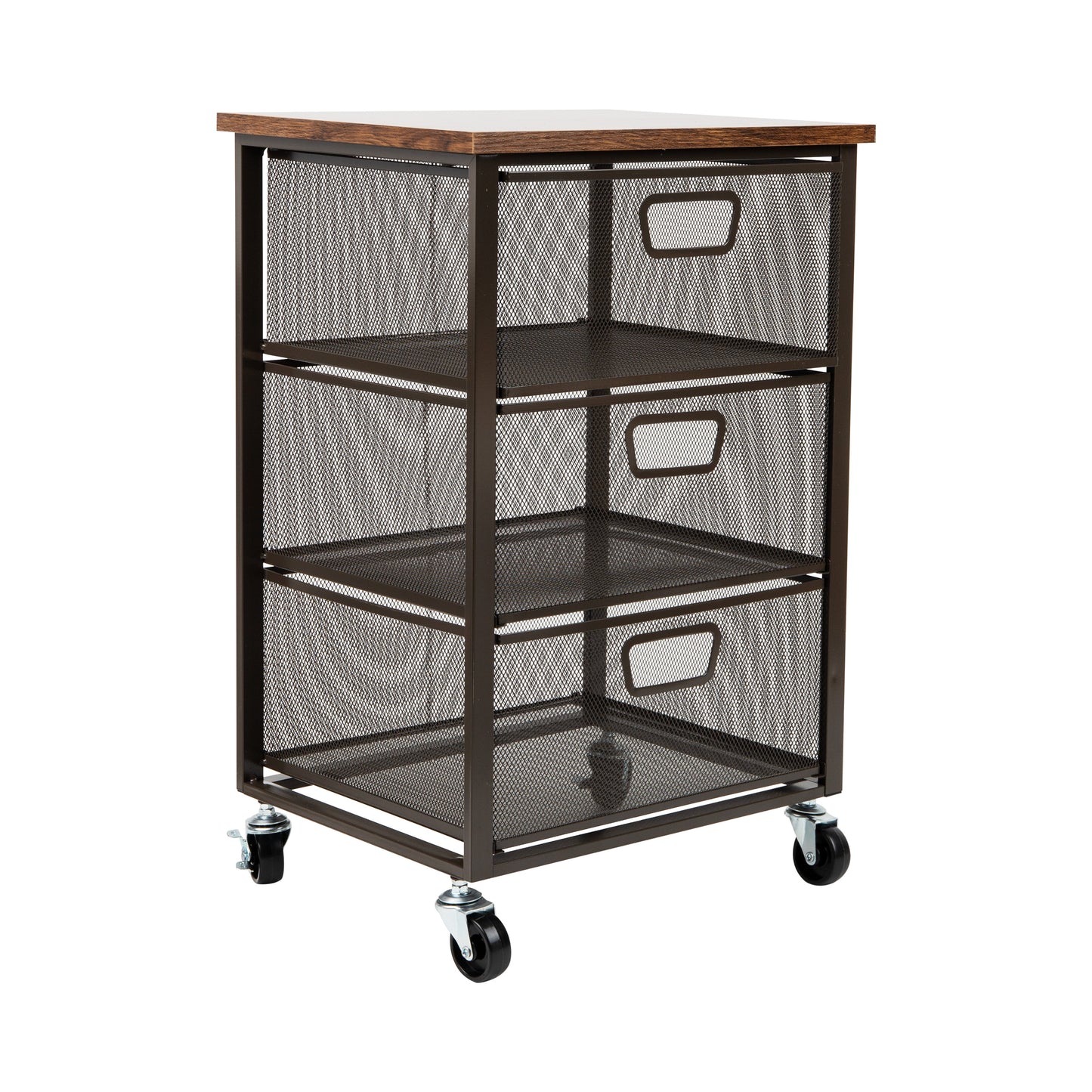 Mind Reader 3-Drawer Rolling Storage Cart, Office Organizer with Wood Top, Multipurpose Portable Cabinet with Wheels, Metal Mesh, Black