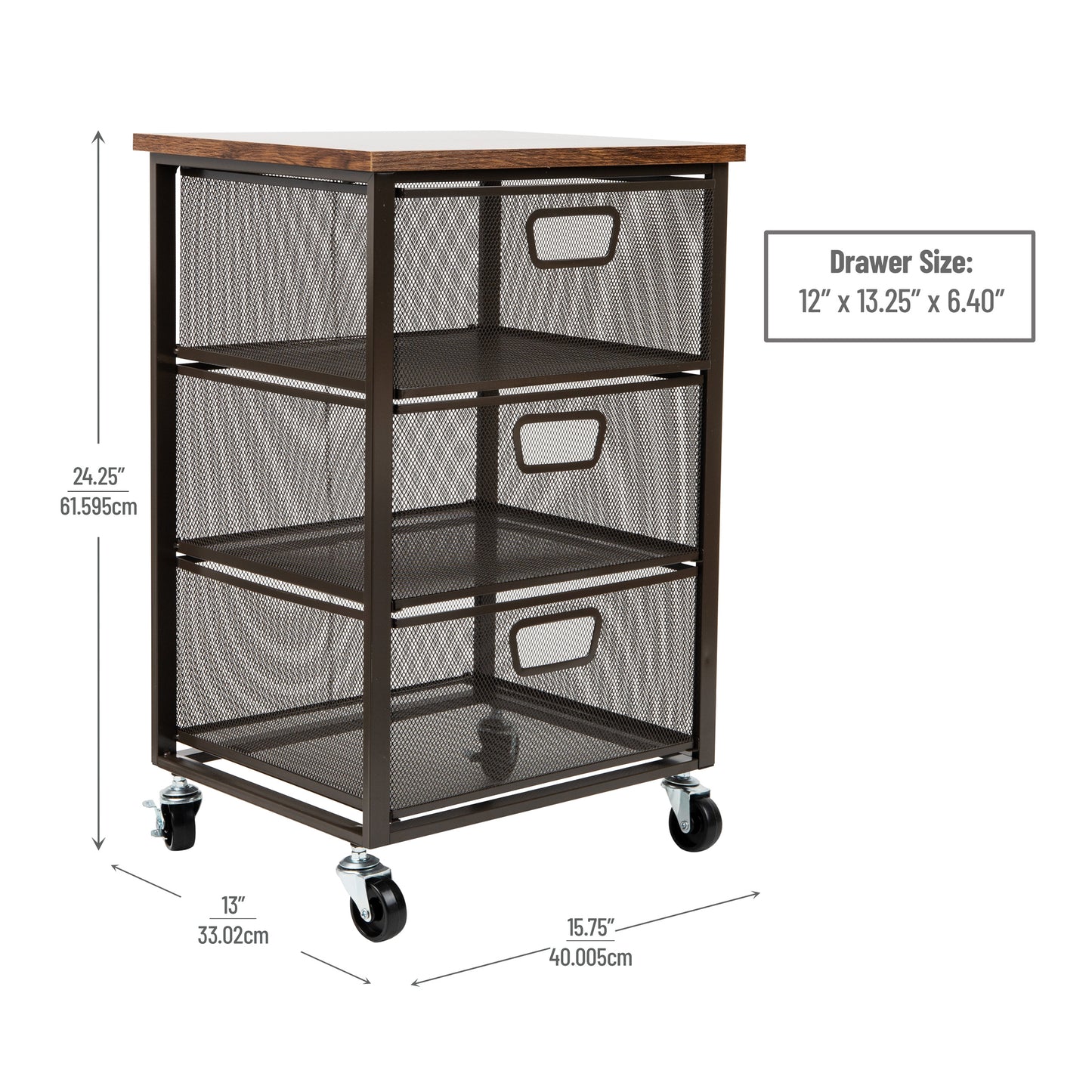 Mind Reader 3-Drawer Rolling Storage Cart, Office Organizer with Wood Top, Multipurpose Portable Cabinet with Wheels, Metal Mesh, Black