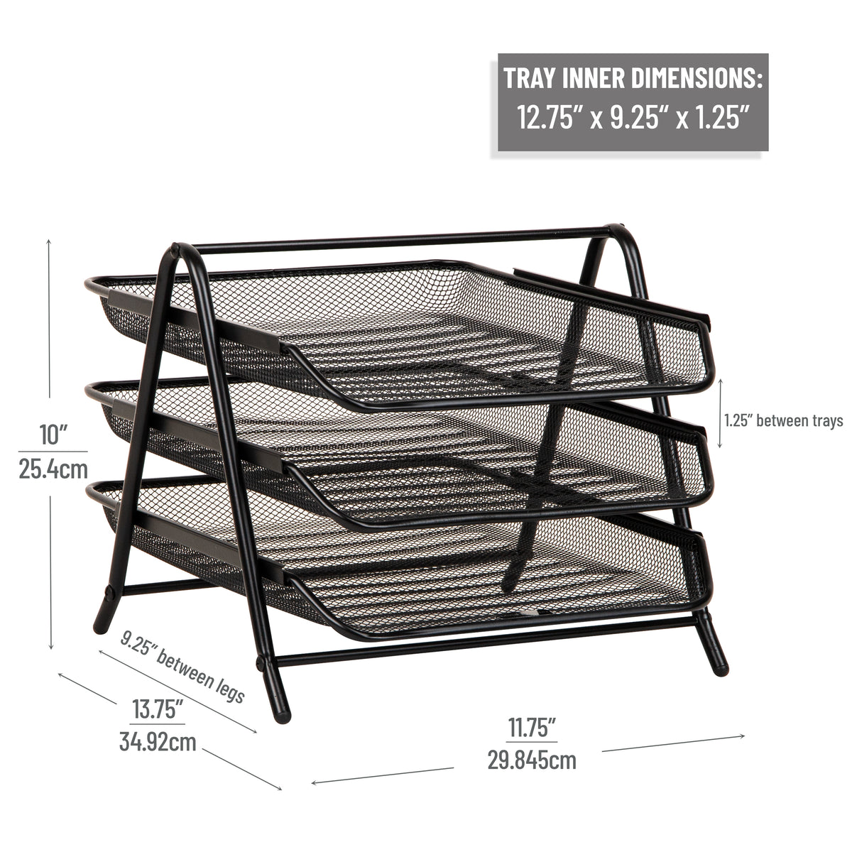 Mind Reader 3-Tier Paper Tray, Desktop Organizer, File Storage, Workspace, Office, Metal Mesh, 11.75"L x 13.75"W x 10"H