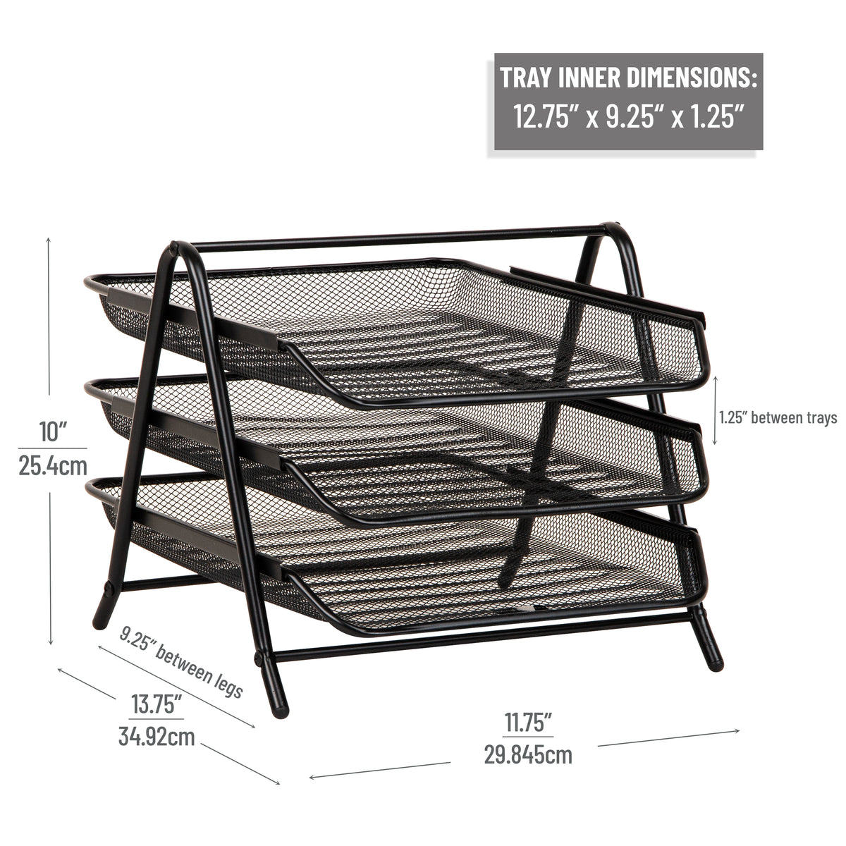 Mind Reader 3-Tier Paper Tray, Desktop Organizer, File Storage, Workspace, Office, Metal Mesh, 11.75"L x 13.75"W x 10"H