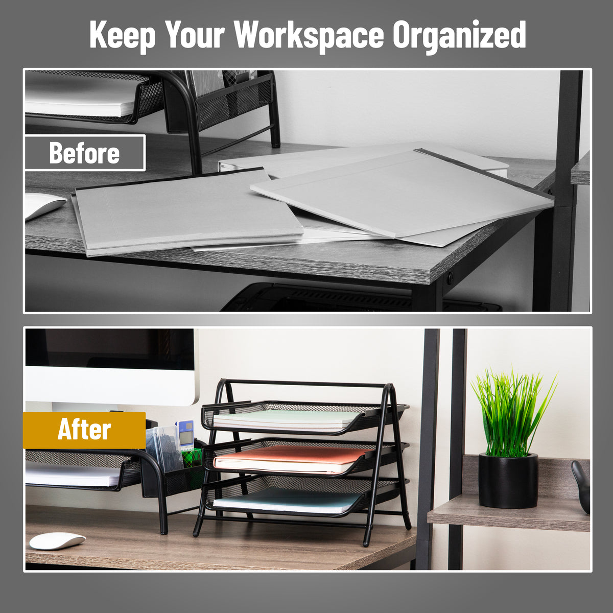 Mind Reader 3-Tier Paper Tray, Desktop Organizer, File Storage, Workspace, Office, Metal Mesh, 11.75"L x 13.75"W x 10"H