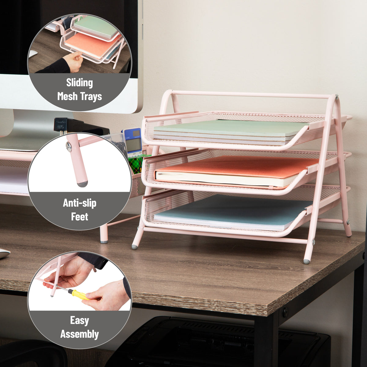 Mind Reader 3-Tier Paper Tray, Desktop Organizer, File Storage, Workspace, Office, Metal Mesh, 11.75"L x 13.75"W x 10"H
