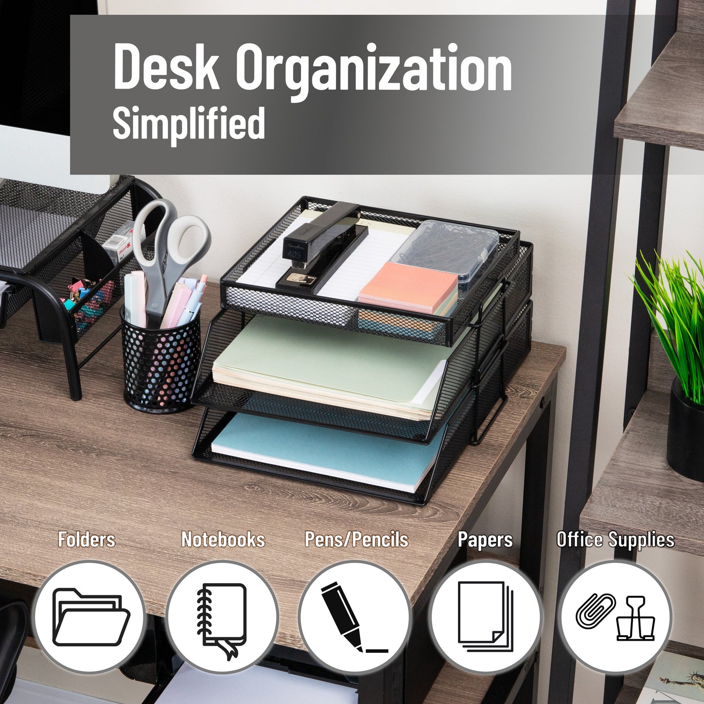 Mind Reader 2 Tier Paper Tray with Top Supply Compartment, Desktop File Organizer, Metal Mesh, Black