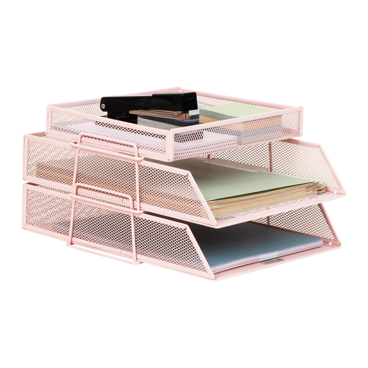 Mind Reader 2 Tier Paper Tray with Top Supply Compartment, Desktop File Organizer, Metal Mesh, Pink