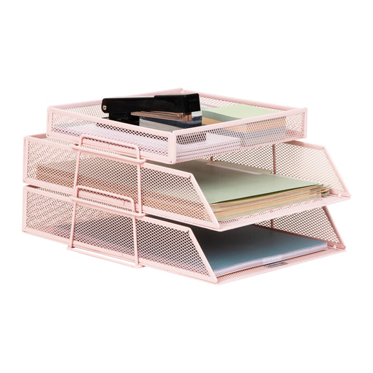 Mind Reader 2 Tier Paper Tray with Top Supply Compartment, Desktop File Organizer, Metal Mesh, Pink