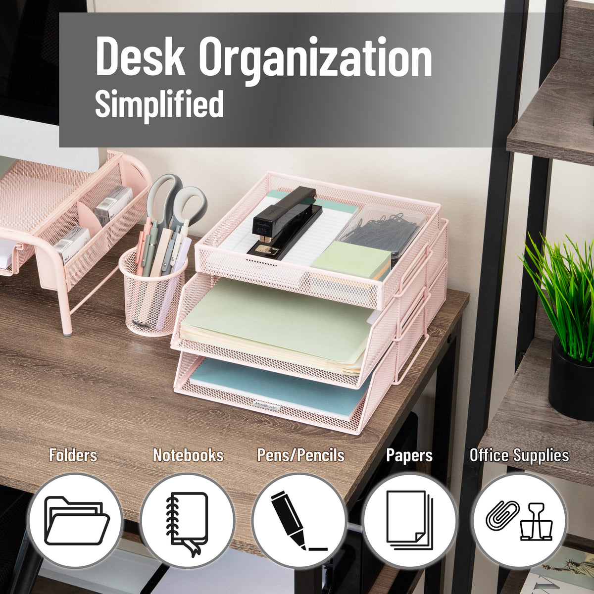 Mind Reader 2 Tier Paper Tray with Top Supply Compartment, Desktop File Organizer, Metal Mesh, Pink