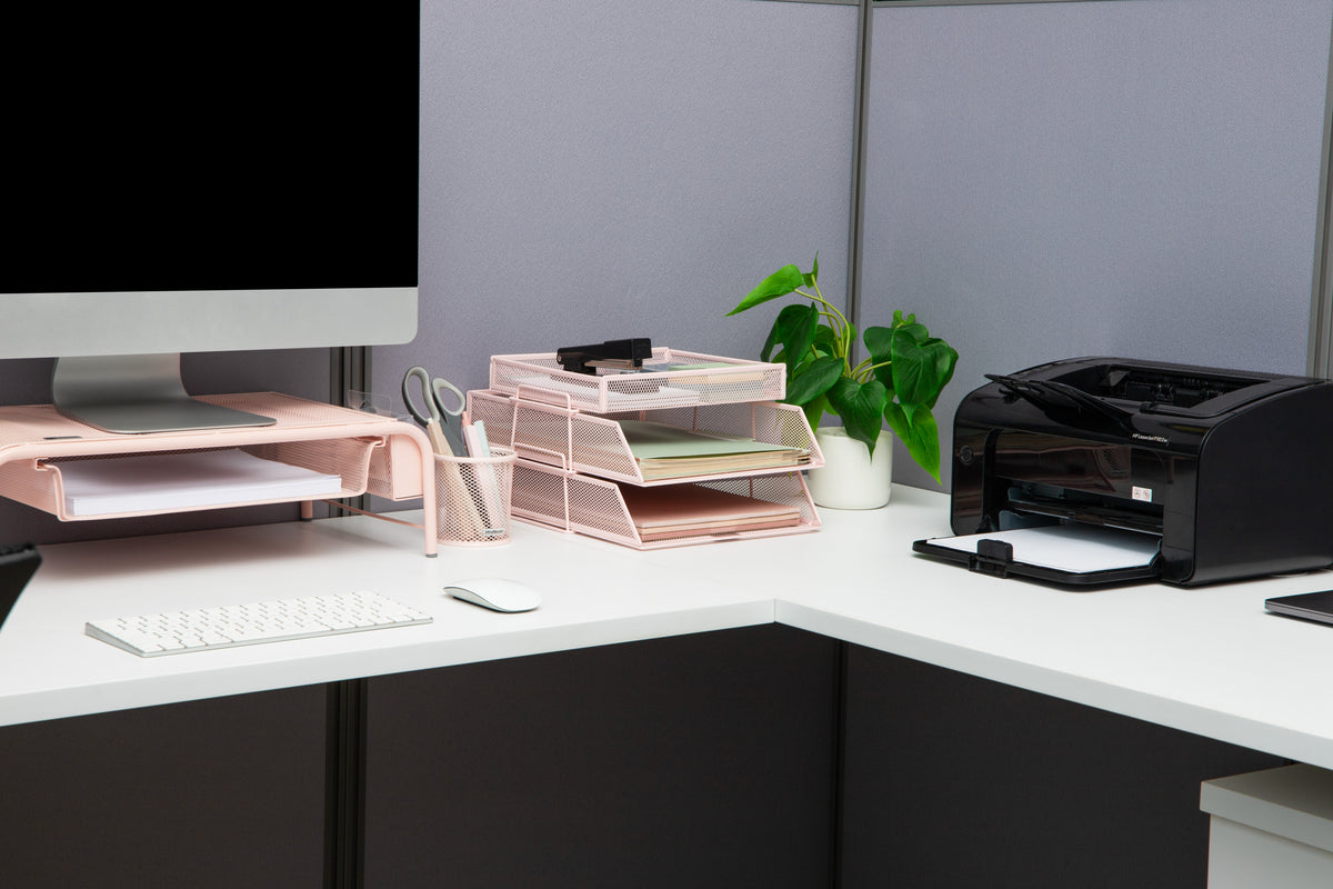 Mind Reader 2 Tier Paper Tray with Top Supply Compartment, Desktop File Organizer, Metal Mesh, Pink