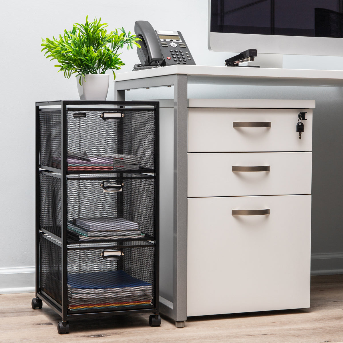 Mind Reader Multipurpose Cart with Drawers, Rolling Office Organizer and Storage Cabinet, Metal Mesh, Black