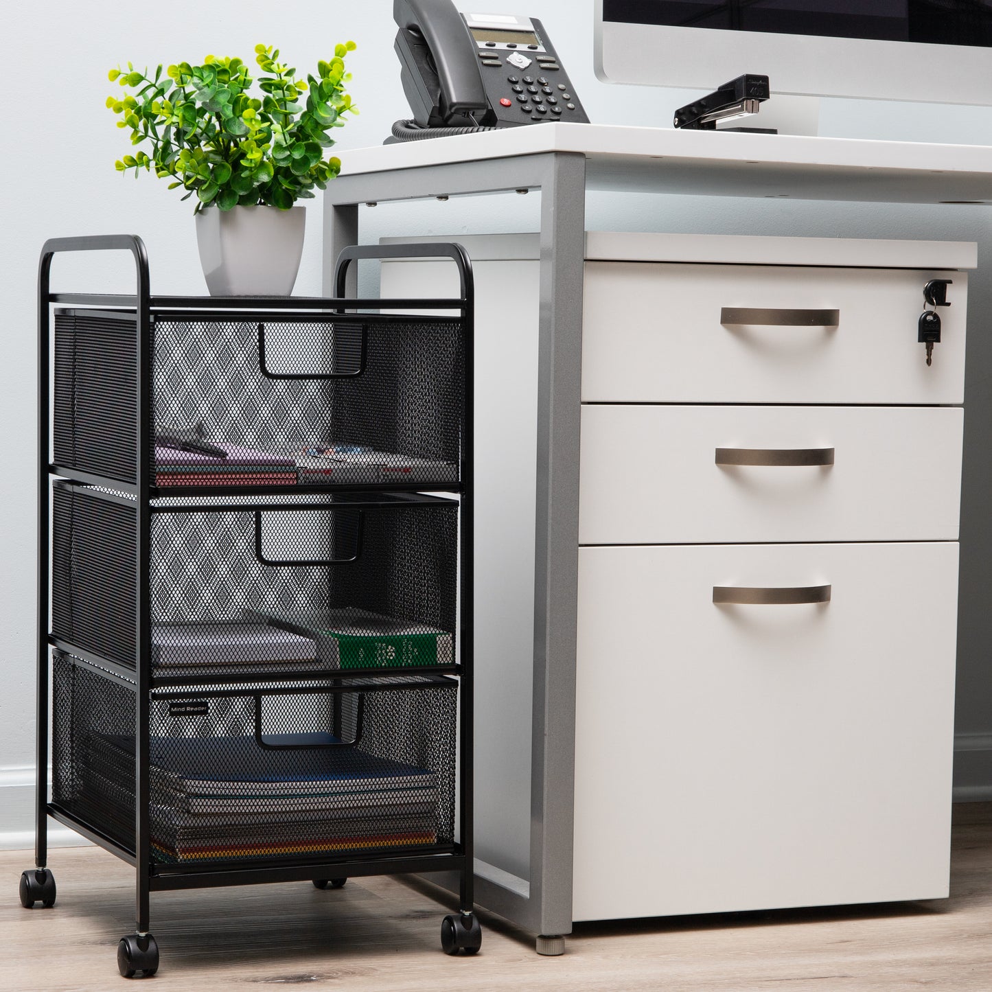Mind Reader Office Storage Organizer with Mesh Drawers and Optional Wheels, Desktop and Under Desk Use, Metal Mesh, Black