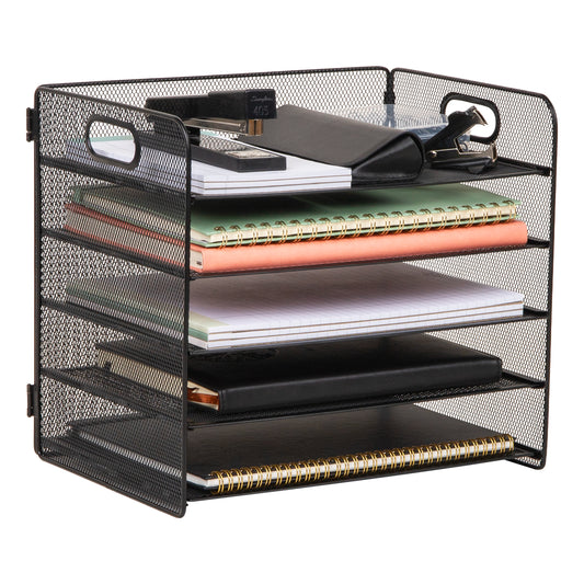 Mind Reader 5 Tier Paper Tray Desktop Organizer, Removable Shelves, Cut-Out Handles, Tool-Free Assembly, Metal Mesh, Black