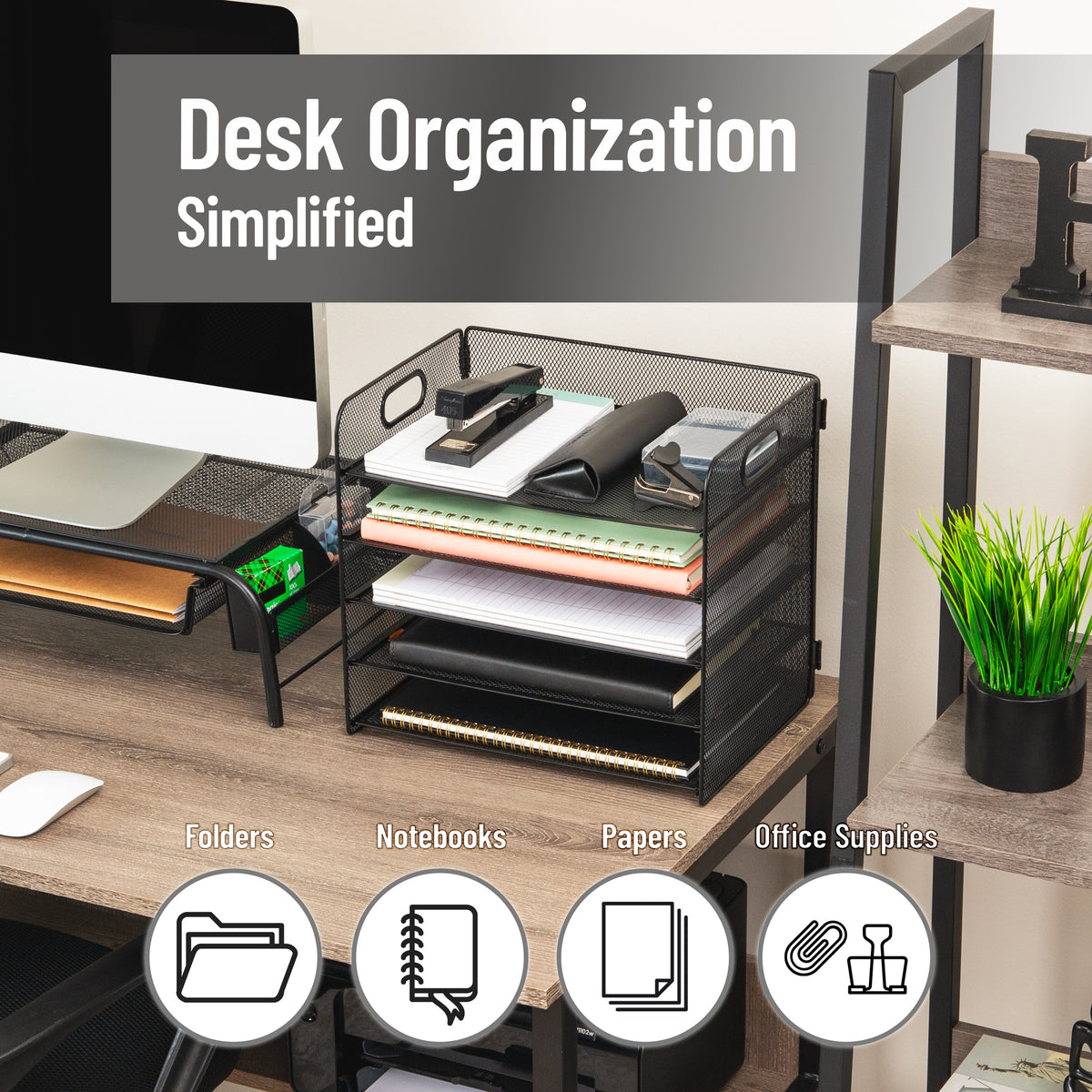Mind Reader 5 Tier Paper Tray Desktop Organizer, Removable Shelves, Cut-Out Handles, Tool-Free Assembly, Metal Mesh, Black