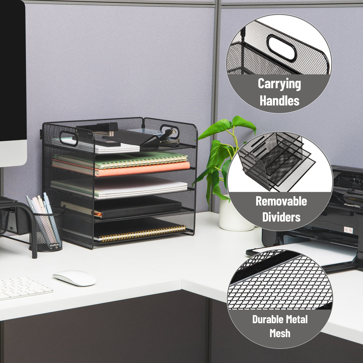 Mind Reader 5 Tier Paper Tray Desktop Organizer, Removable Shelves, Cut-Out Handles, Tool-Free Assembly, Metal Mesh, Black