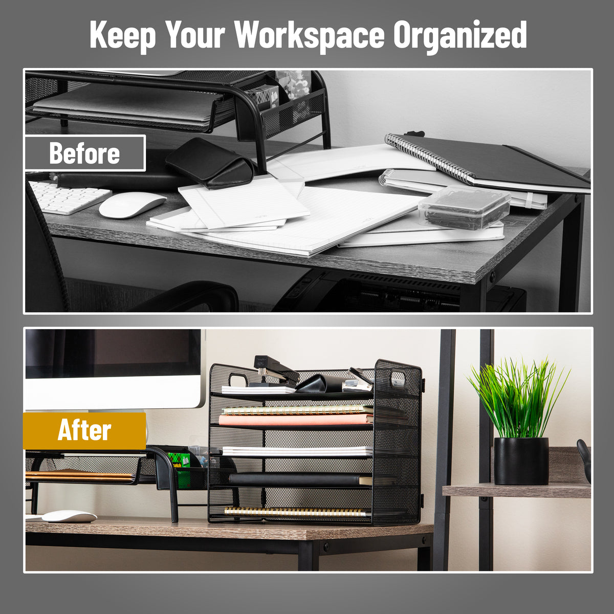 Mind Reader 5 Tier Paper Tray Desktop Organizer, Removable Shelves, Cut-Out Handles, Tool-Free Assembly, Metal Mesh, Black