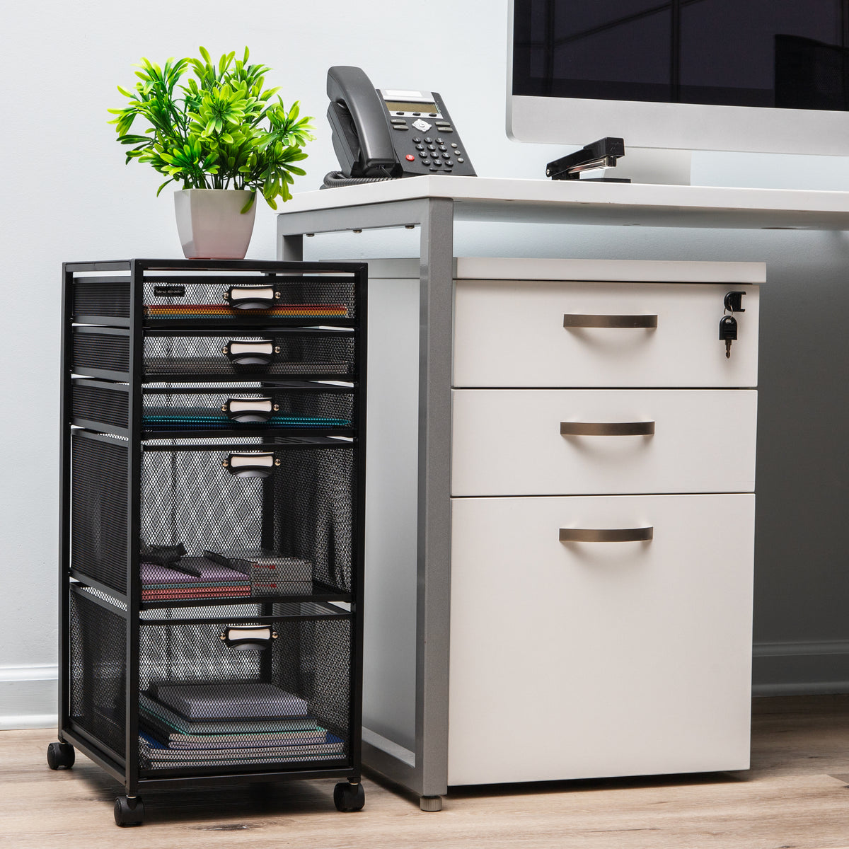 Mind Reader Multipurpose Rolling Storage Cart with Drawers, Office Organizer, Utility Cart, Metal Mesh, Black