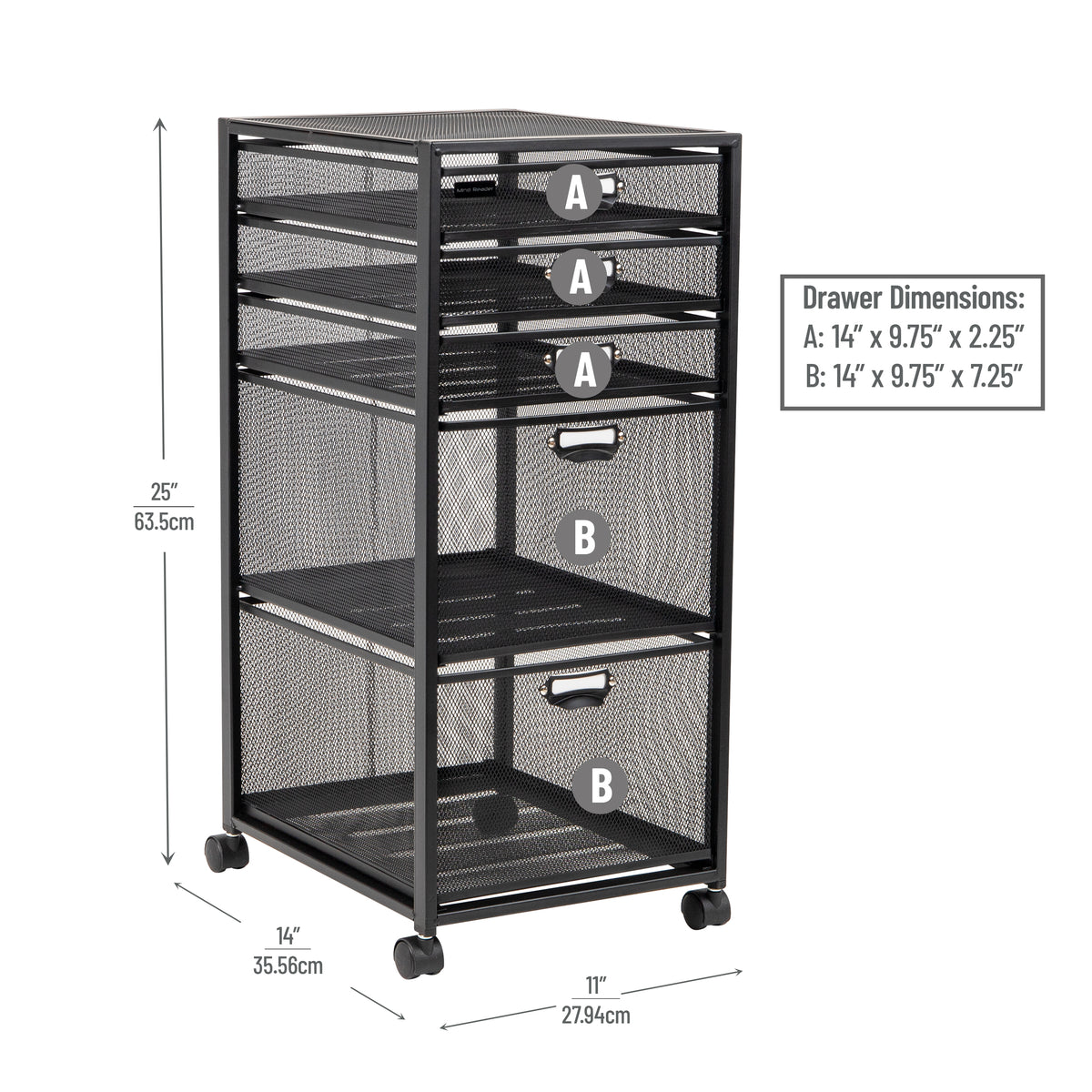 Mind Reader Multipurpose Rolling Storage Cart with Drawers, Office Organizer, Utility Cart, Metal Mesh, Black