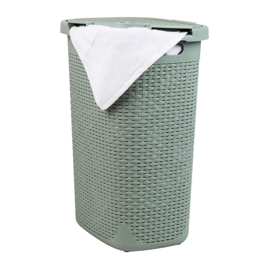 Mind Reader 60L Slim Laundry Hamper, Clothes Basket, Lid, Wicker Design, Plastic, 17.65"L x 13.75"W x 24.15"H