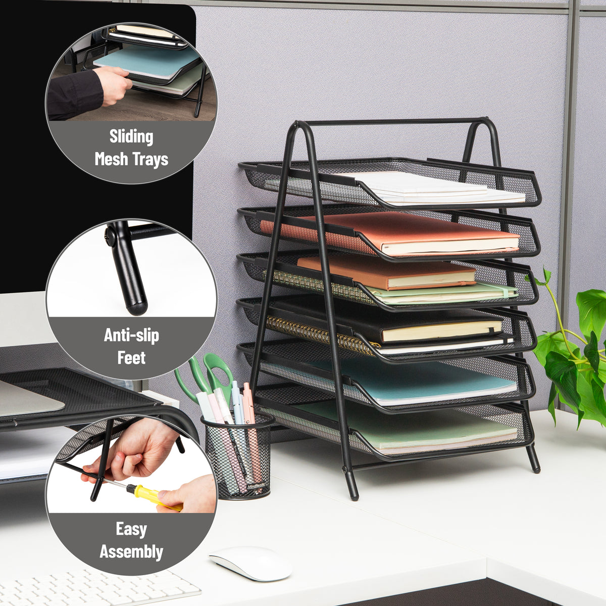 Mind Reader 6-Tier Paper Tray, Desktop Organizer, File Storage, Office, Metal Mesh, 11.75"L x 13.75"W x 18"H, Black