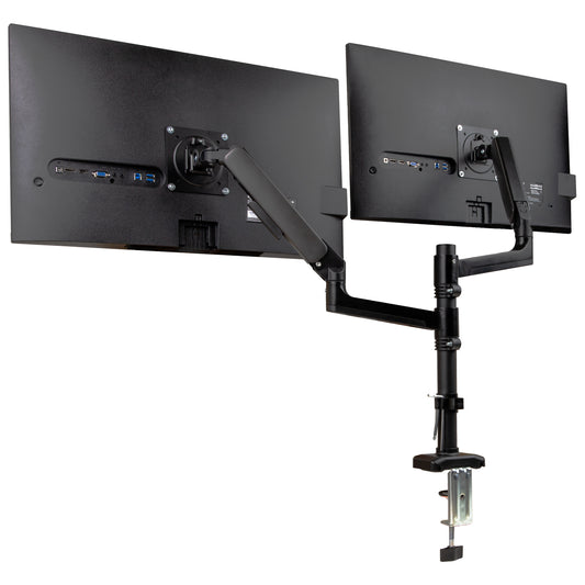 Mind Reader Dual Monitor Arm for 13–32 Inch Screens, Gas Spring VESA Desk Mount, ±180° Rotation, ±65° Tilt, ±180° Swivel, Holds up to 19.8 lbs Each,  Integrated Cable Management, Black