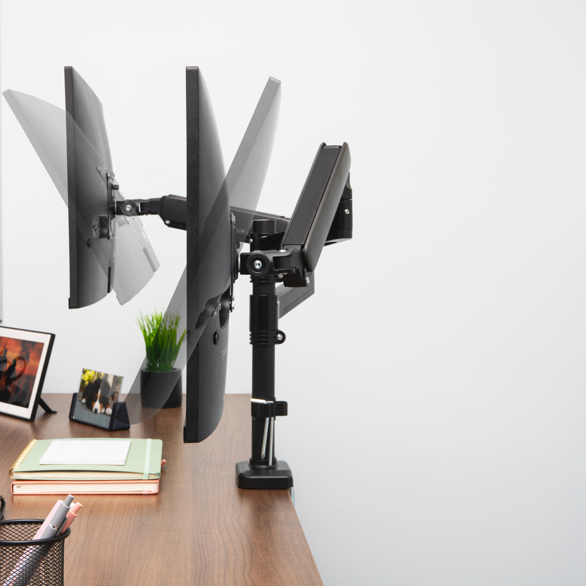 Mind Reader Dual Monitor Arm for 13–32 Inch Screens, Gas Spring VESA Desk Mount, ±180° Rotation, ±65° Tilt, ±180° Swivel, Holds up to 19.8 lbs Each,  Integrated Cable Management, Black