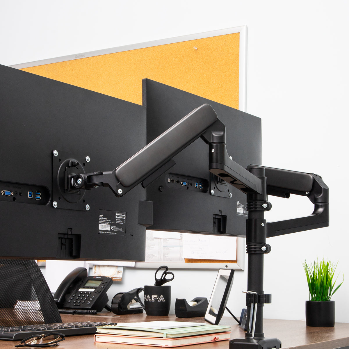 Mind Reader Dual Monitor Arm for 13–32 Inch Screens, Gas Spring VESA Desk Mount, ±180° Rotation, ±65° Tilt, ±180° Swivel, Holds up to 19.8 lbs Each,  Integrated Cable Management, Black