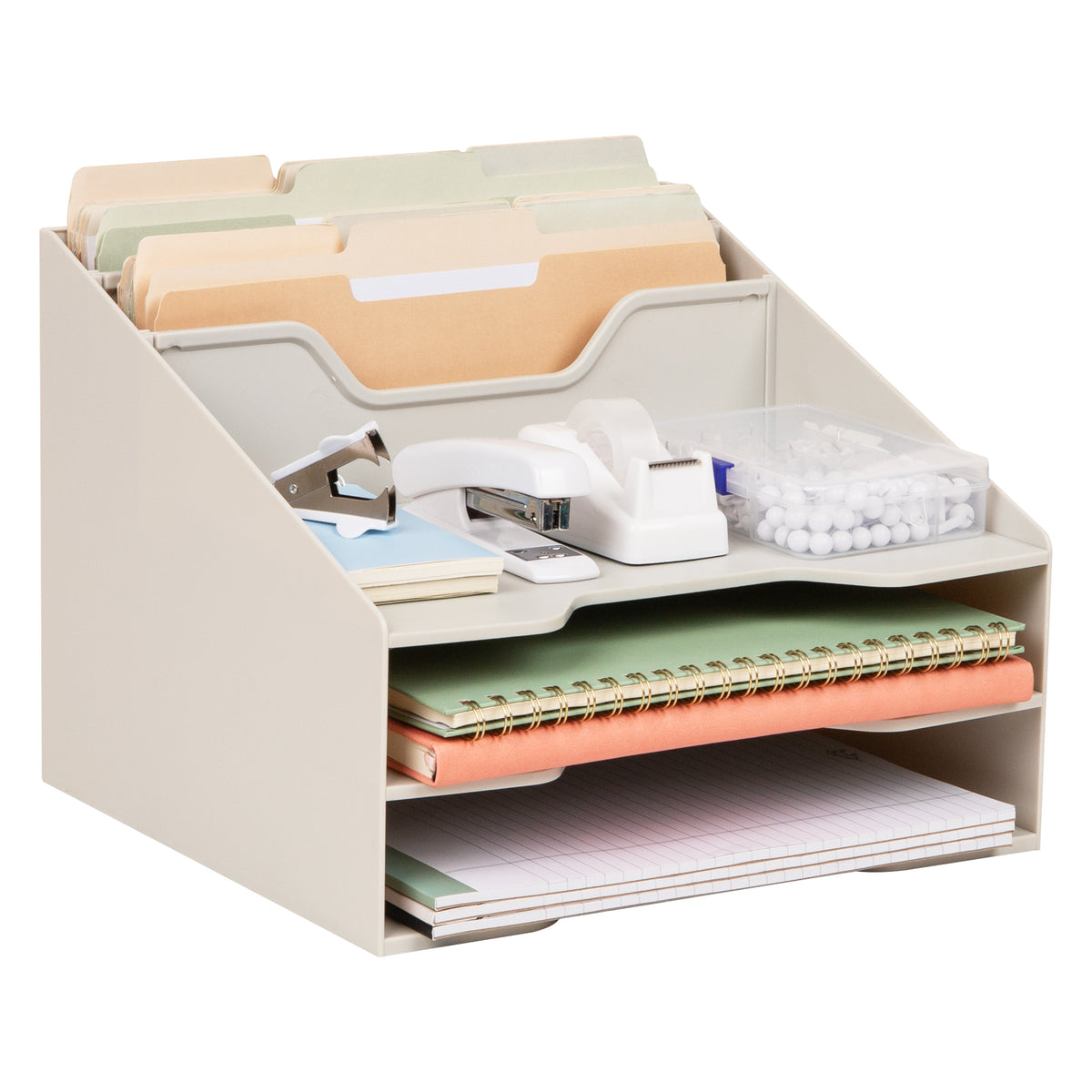 Mind Reader Desktop Organizer, Vertical File Holder, Paper Trays, Office, Plastic, 12.5"L x 11.75"W x 9.5"H, Beige