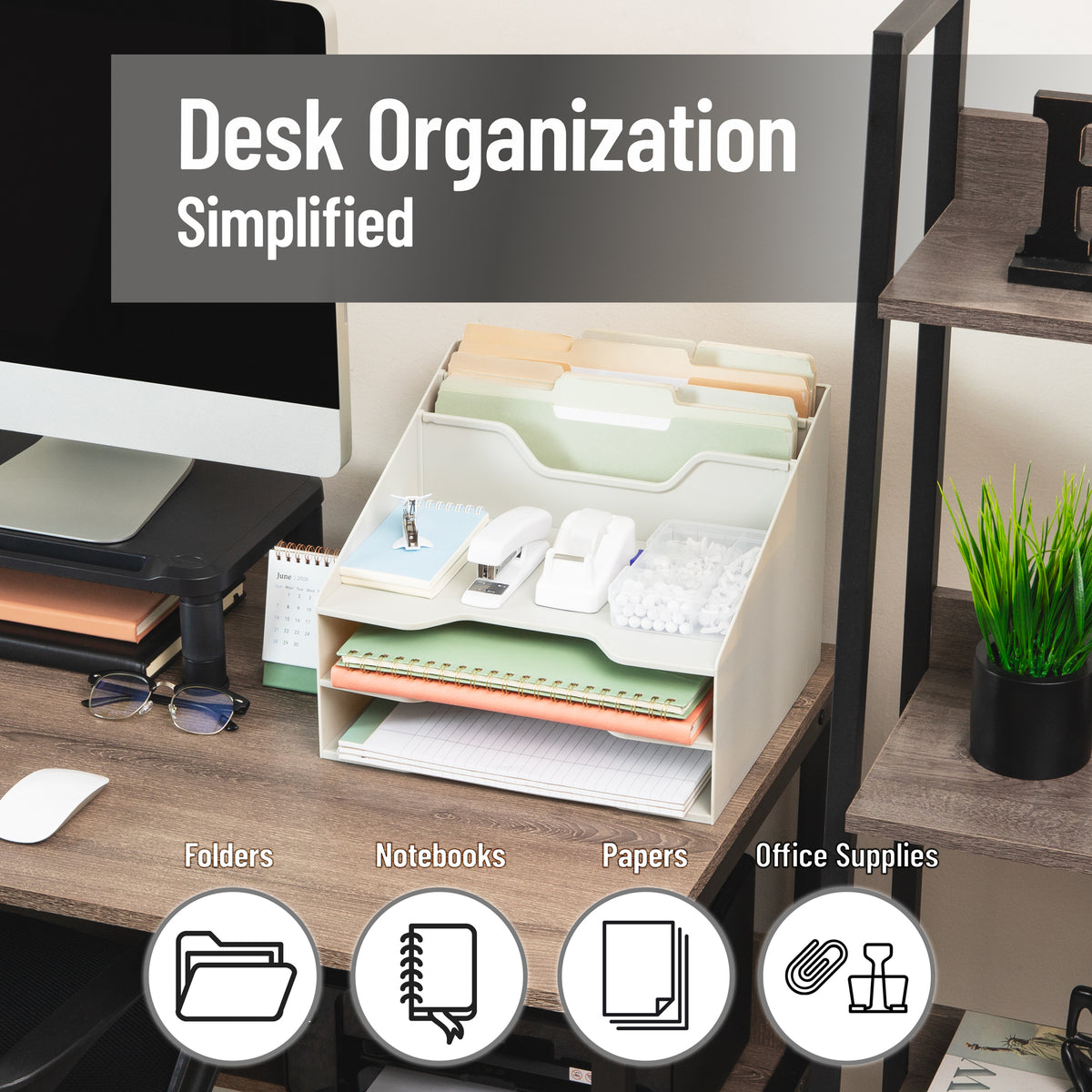 Mind Reader Desktop Organizer, Vertical File Holder, Paper Trays, Office, Plastic, 12.5"L x 11.75"W x 9.5"H, Beige