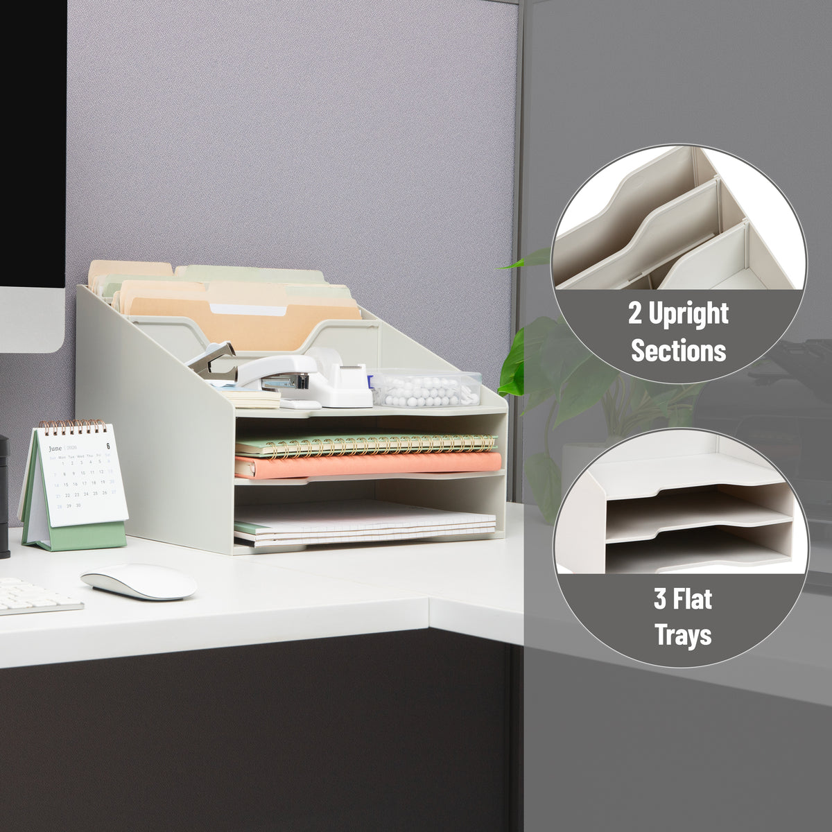 Mind Reader Desktop Organizer, Vertical File Holder, Paper Trays, Office, Plastic, 12.5"L x 11.75"W x 9.5"H, Beige