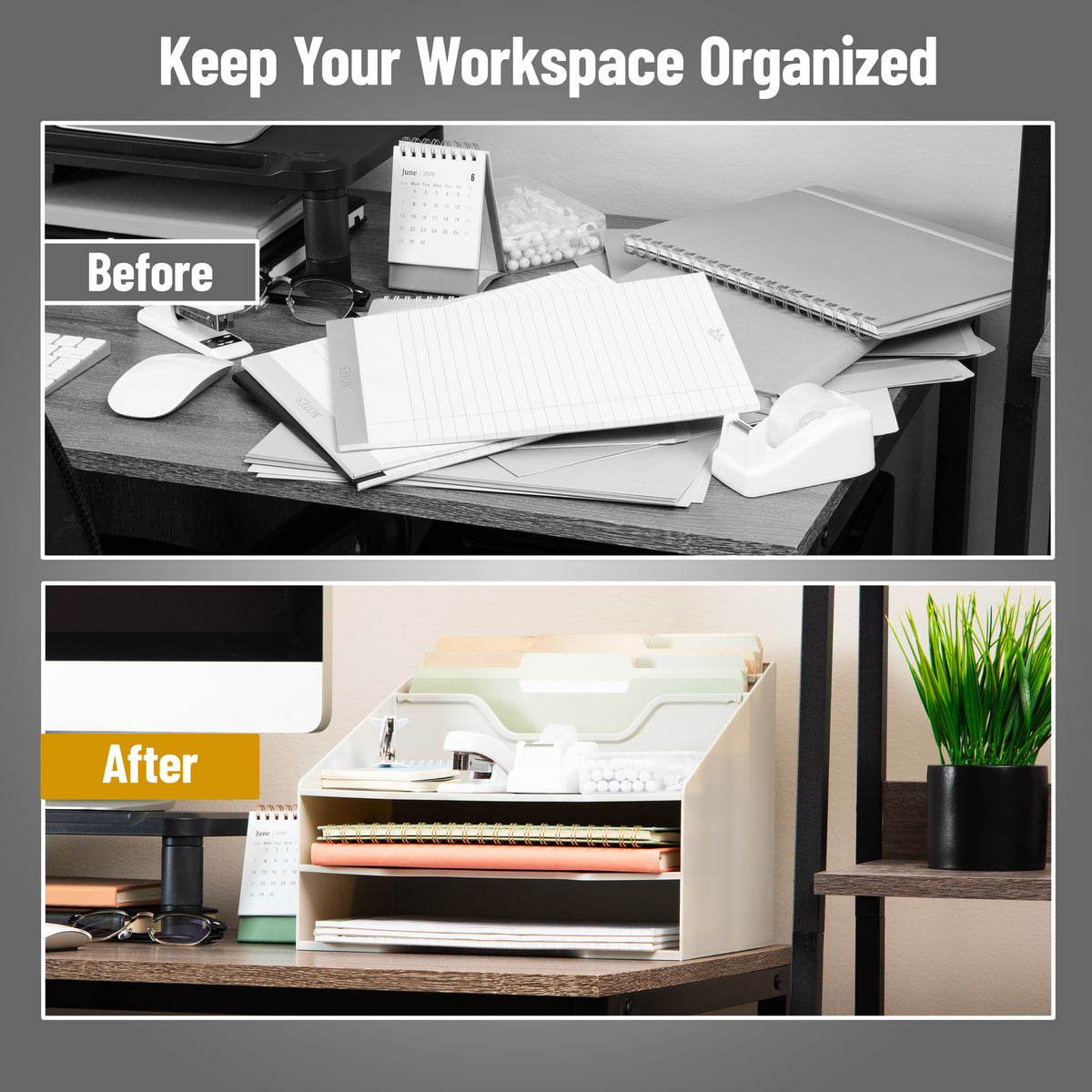 Mind Reader Desktop Organizer, Vertical File Holder, Paper Trays, Office, Plastic, 12.5"L x 11.75"W x 9.5"H, Beige